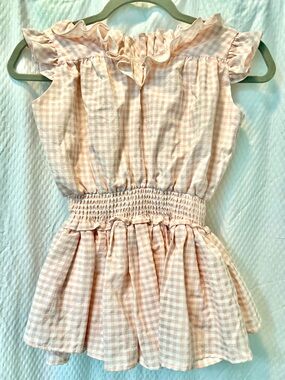 Girls Sz 6 Gingham Ruffle Neck Smocked Romper with pockets